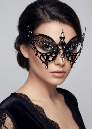 Masque vénitien Alida rigide noir avec strass