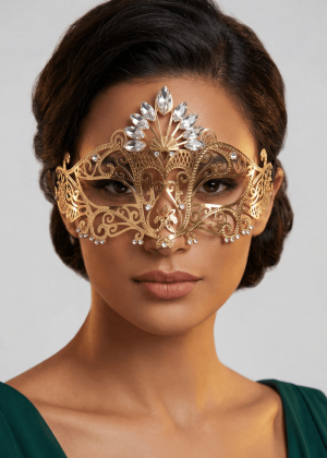 Masque vénitien Gemma rigide doré avec strass