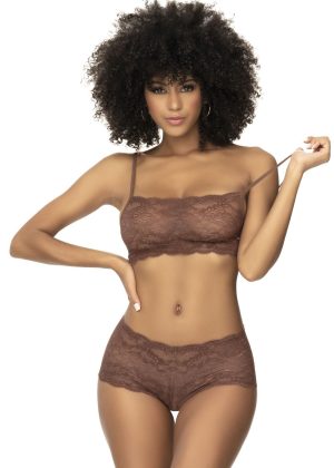 Ensemble 2 pièces en dentelle, top à bretelles et shorty couleur cacao