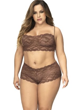 Ensemble 2 pièces en dentelle grande taille, top à bretelles et shorty couleur cacao