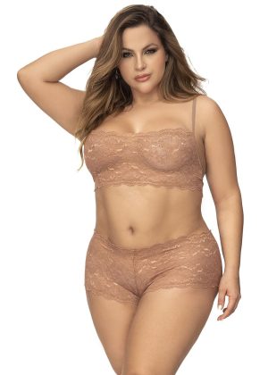 Ensemble 2 pièces en dentelle grande taille, top à bretelles et shorty couleur taupe