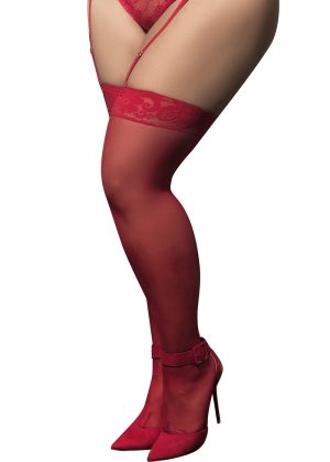 Bas nylon rouges autofixants, grande taille, jarretières dentelle