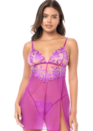 Babydoll sexy en résille brodée florale et string