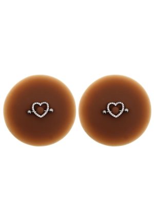 Paire de cache-tétons piercing barre coeur faux diamant peau foncée
