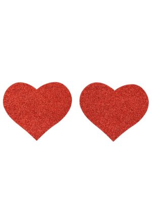 Paire de cache tétons adhésifs coeur pailleté rouge