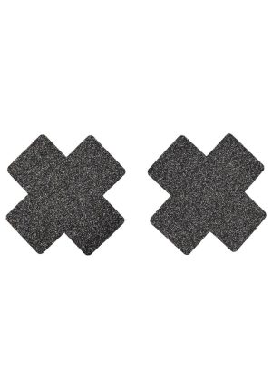Paire de cache tétons adhésifs croix pailletée noir