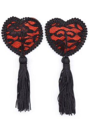 Paire de cache tétons adhésifs en forme de cœur avec dentelle noire et pompom